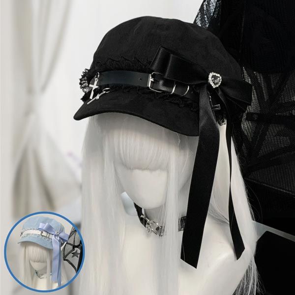 2カラー キャスケット 帽子 リボン ベルト クロス 十字架 キャップ