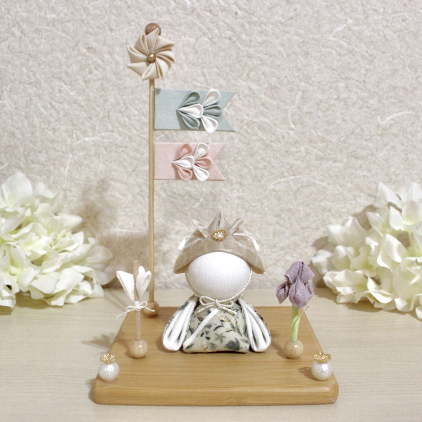 くまさん五月人形＊ベージュ×花柄　つまみ細工　鯉のぼり　初節句　男の子　こどもの日
