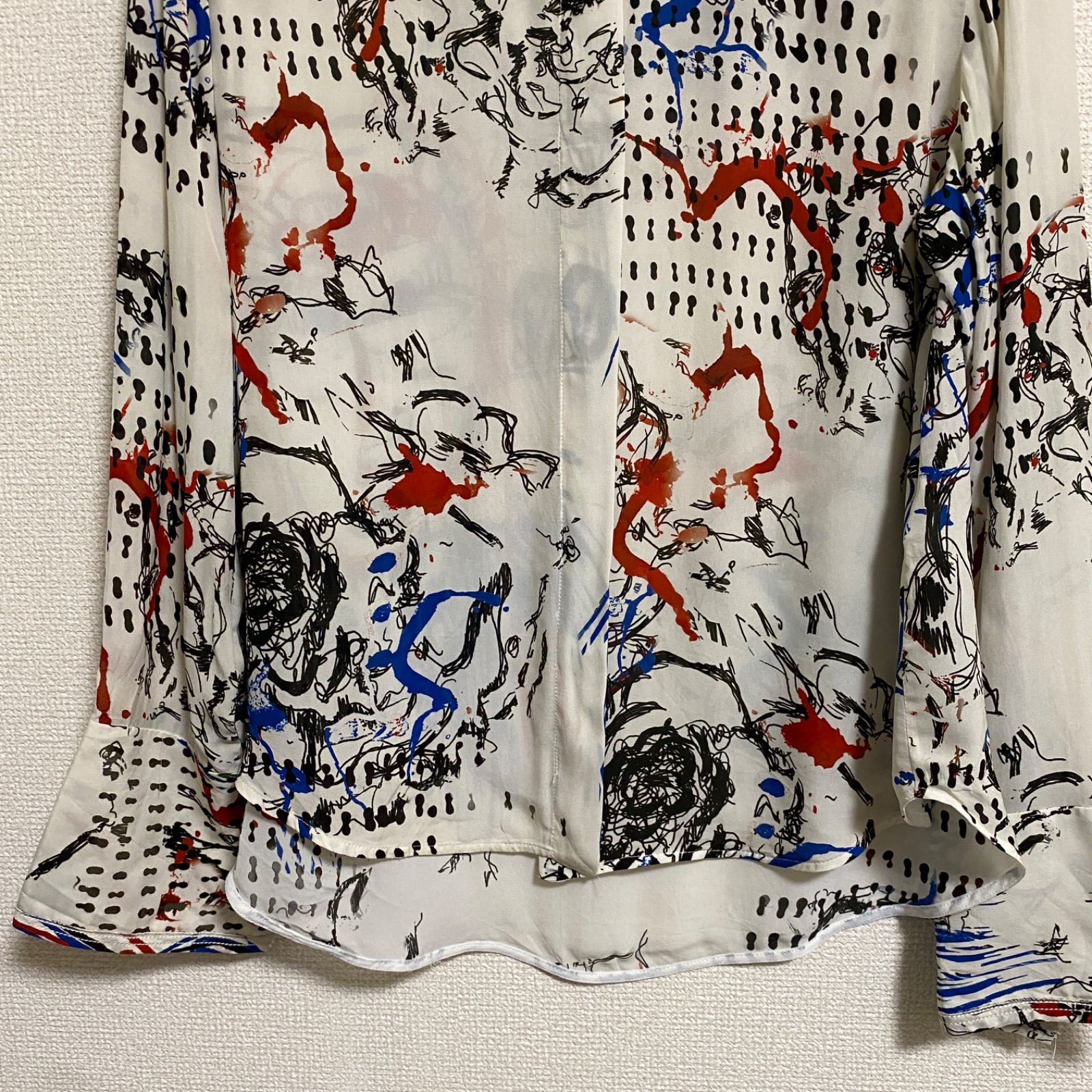 ZARA アート シャツ 長袖 シアー 柄 赤 青 デザイン レーヨン