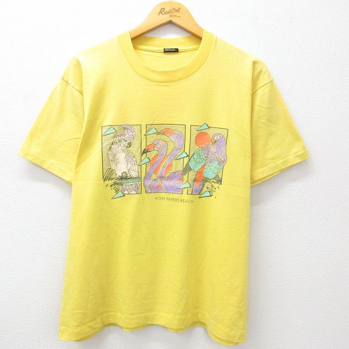 L/古着 半袖 ビンテージ Tシャツ メンズ 90s 鳥 クルーネック 黄 イエロー 24jul20 中古