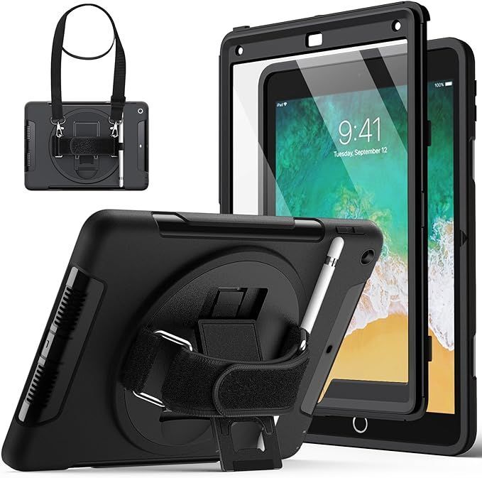 【在庫処分】JEDirect iPad 9.7インチ ケース (第6/5世代、2018/2017モデル) 液晶保護フィルム付き 保護耐衝撃頑丈なタブレットカバー 360回転ハンドストラップスタンド （ブラック)