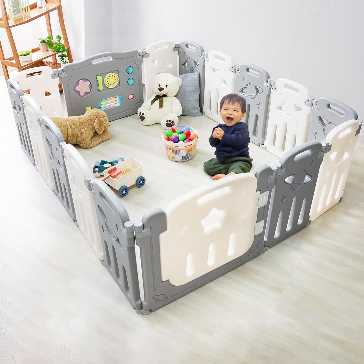 ベビーサークル 折りたたみ 大きめ ベビーフェンス 扉付き 16枚セット 150cm×190cm おもちゃパネル付き ドアロック付き 簡単組立 出産祝い プレゼント グレー×ホワイト GAD016GY
