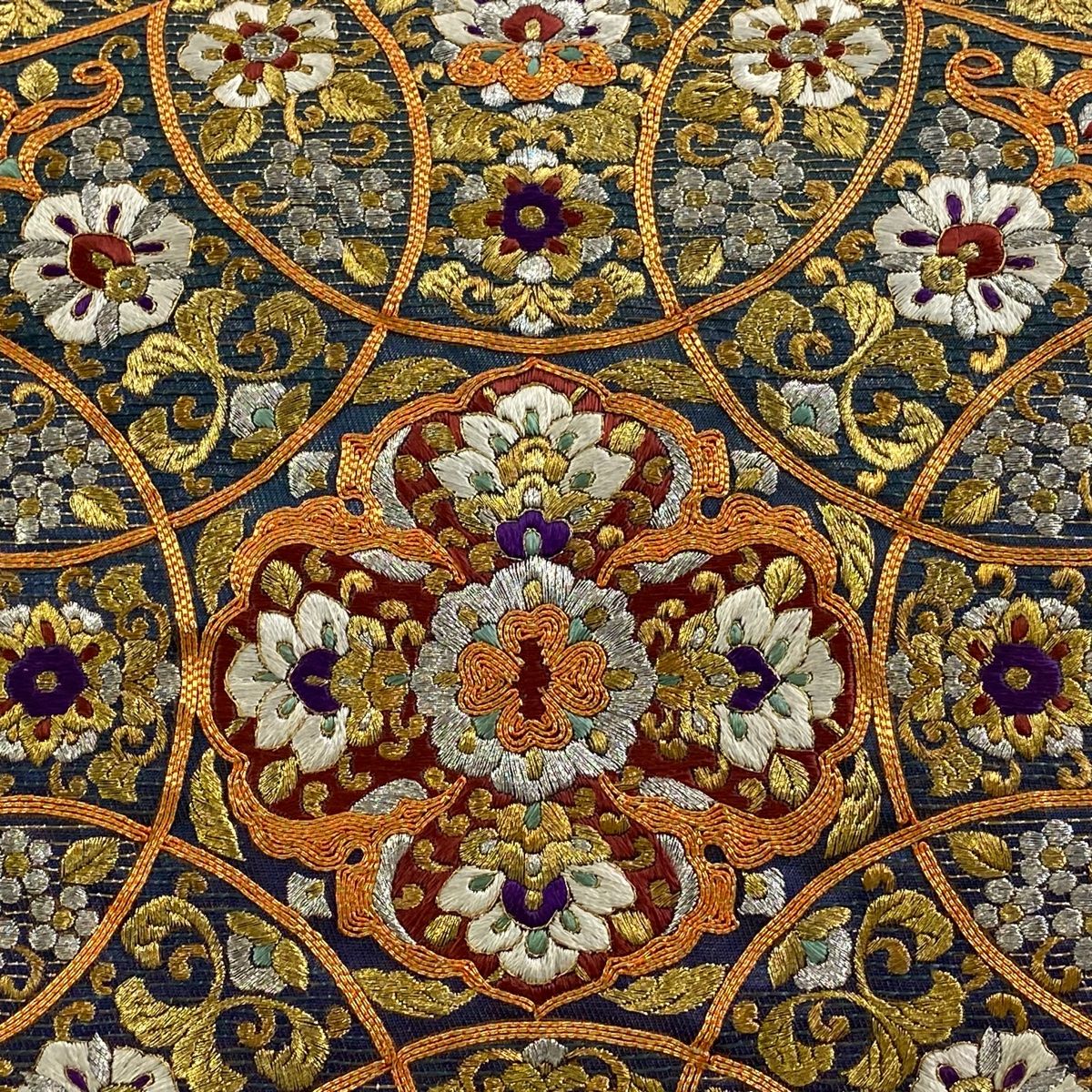 袋帯 華文 草花 金銀糸 箔 深緑 六通 正絹