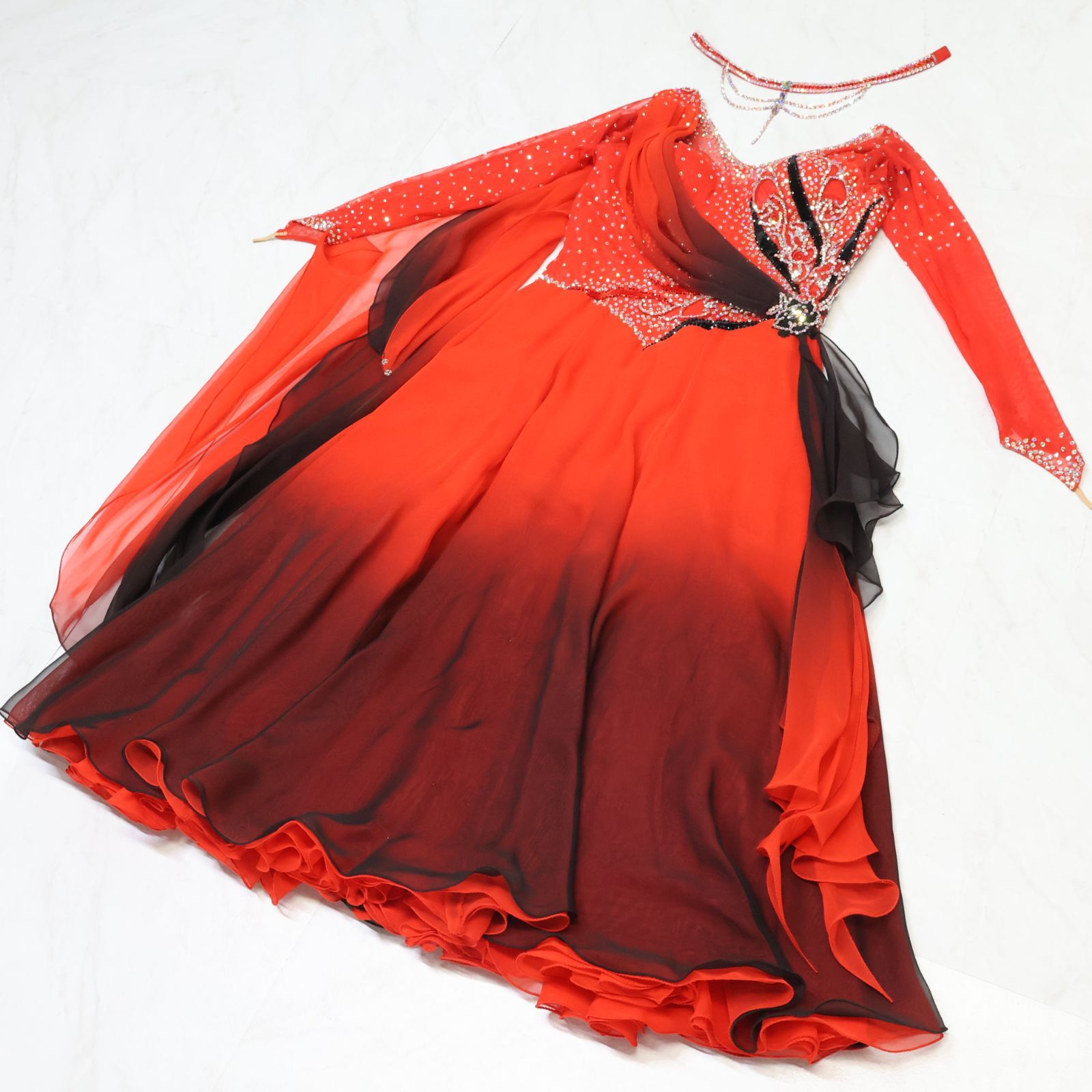 社交ダンス衣装】レッド 白樺ドレス ワンピース ドレス 赤 黒 フロート