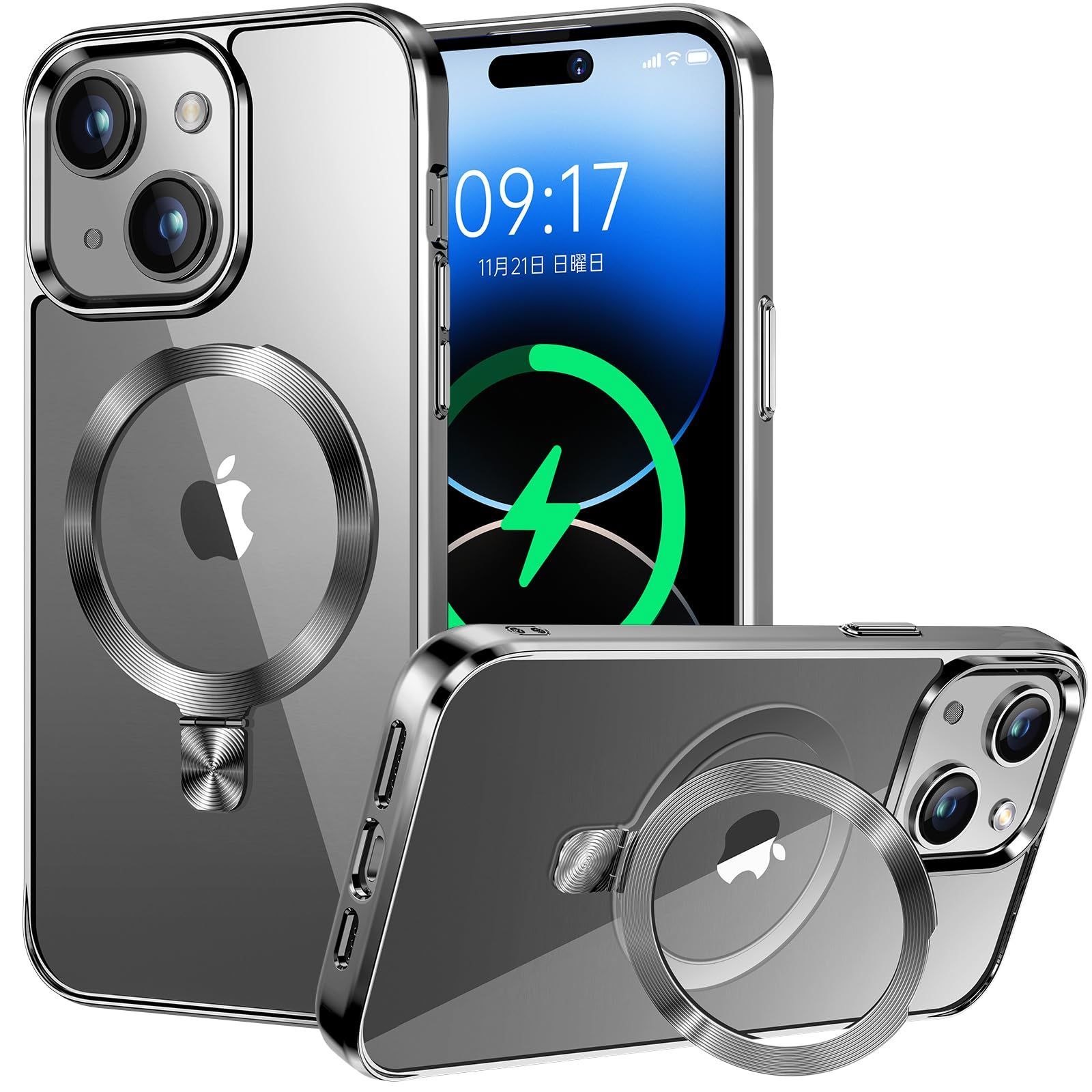 【CD MagSafeリング・四色チタニウム】iPhone 15 Plus 用クリアケース[MagSafe対応・隠しスタンド] [本体の色・メッキバンパー]ストラップホール付き 角度調整可 米軍MIL規格取得・耐衝撃 アイホン15 