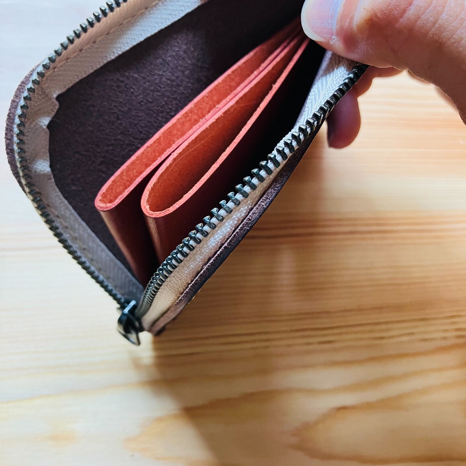 コンパクトウォレット　フラグメントケース　茶芯　レザー ONE STORE｜leathertone｜栃木レザー グレンチェック型押し