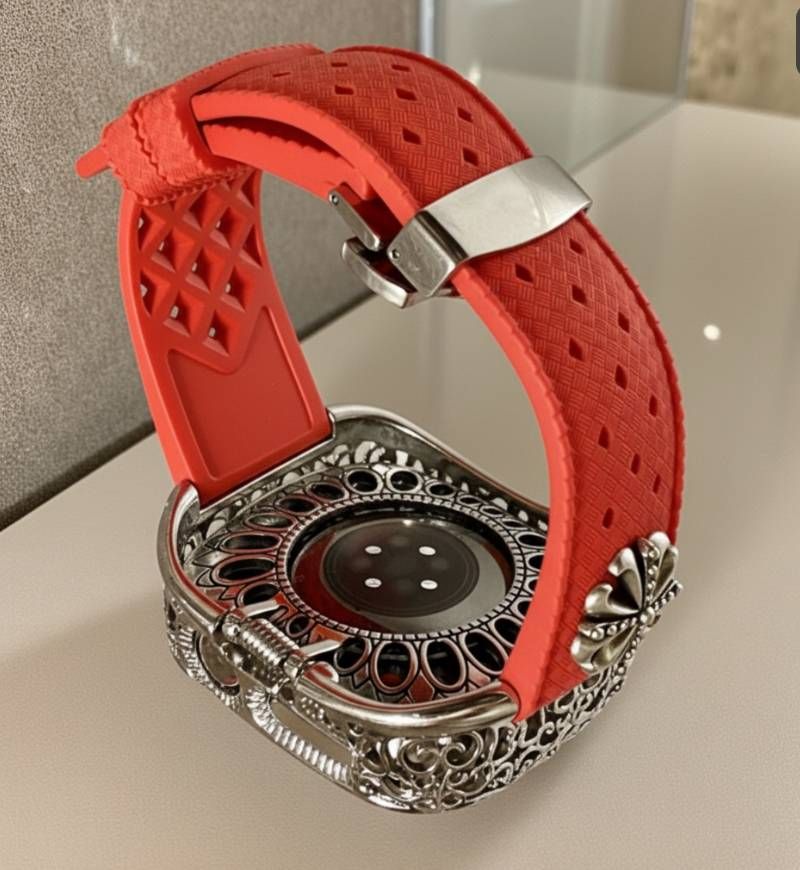 レッド AppleWatch用フッ素ラバー バンド コンチョ アラベスクカバー ケース アップルウォッチ用 カスタムバンド 44 45 46 49 SE Ultra