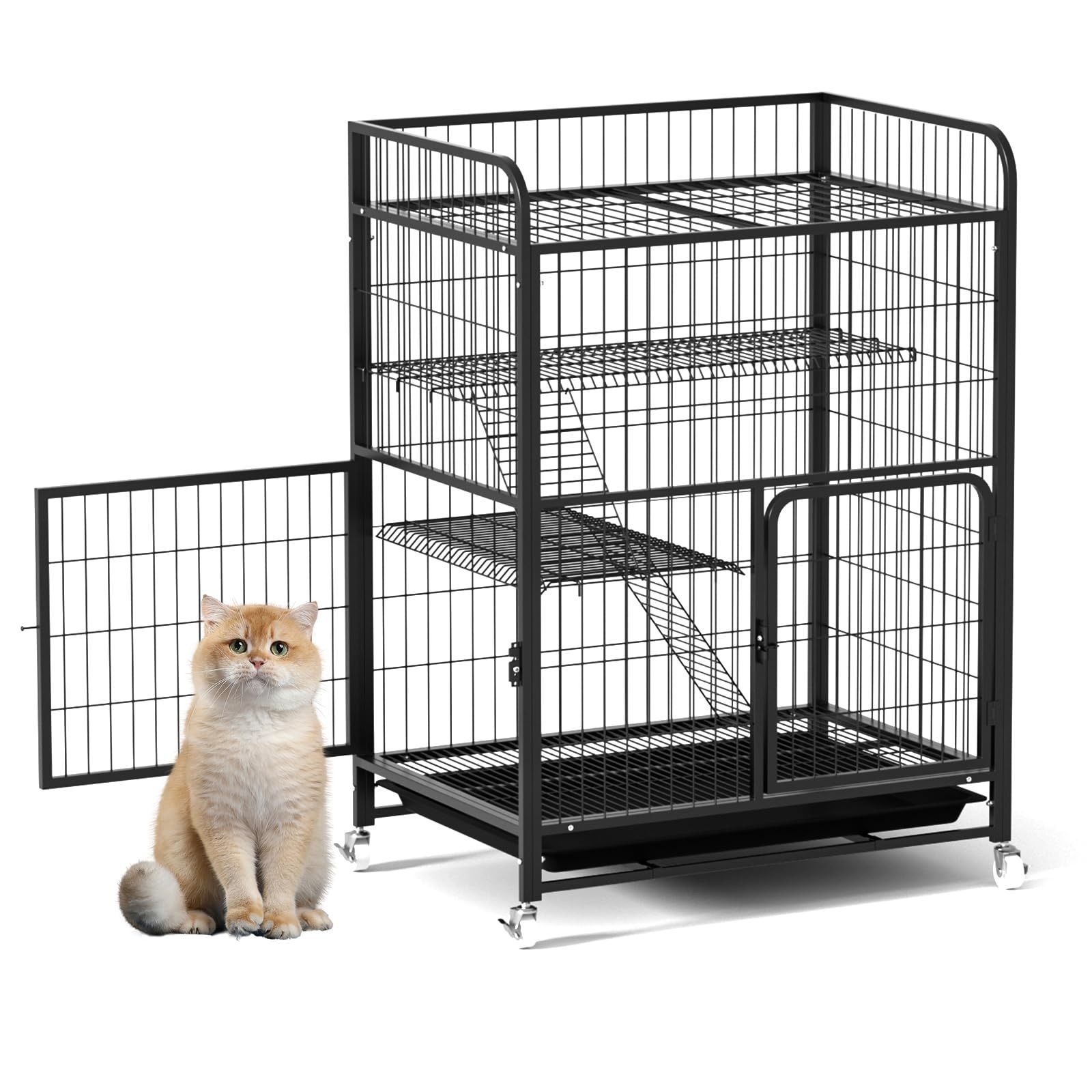 猫ゲージ 3段 キャットゲージ 幅80㎝ 高さ110㎝ トイレ付き キャスター付 丸洗いOK 引き出し 収納 ブラック 高さ110㎝