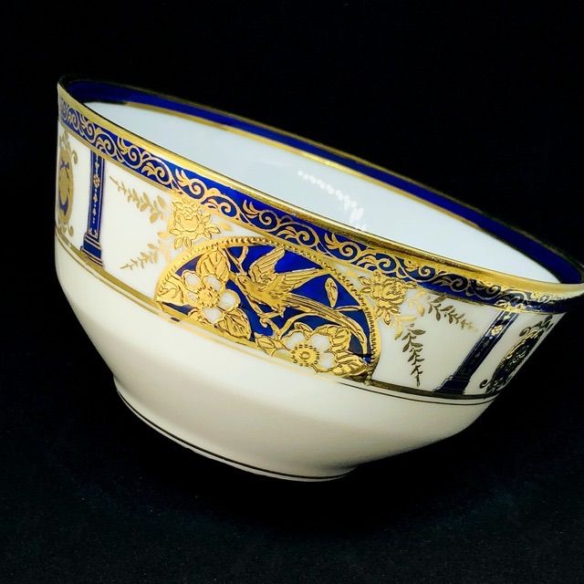 公式 オールドノリタケ 金彩瑠璃地 金盛上 花鳥図ボウル