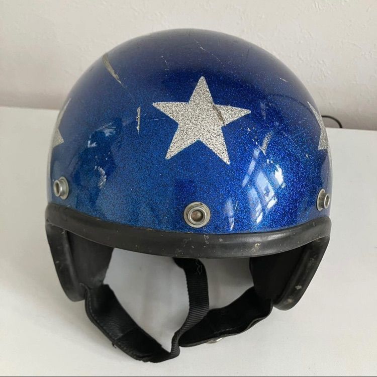 ビンテージヘルメット 1970年代 メタルフレーク Lサイズ ハーレー ジェット 当時物 アメリカン 銀 赤 青 星条旗 イージーライダー FFCRYSTALESIA_COM