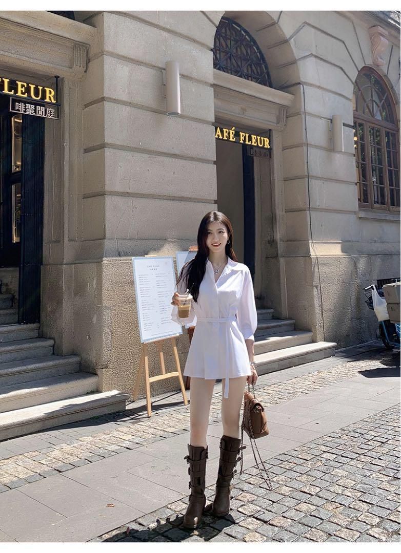 春コーデ ルーズミニ丈ホワイトシャツ レディース レースアップデート