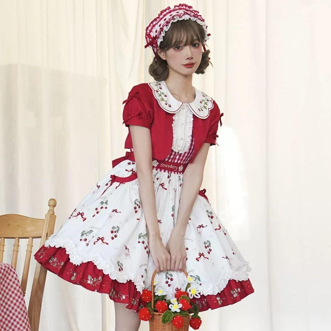 イチゴ柄ロリータワンピースお出かけや女子会にぴったり