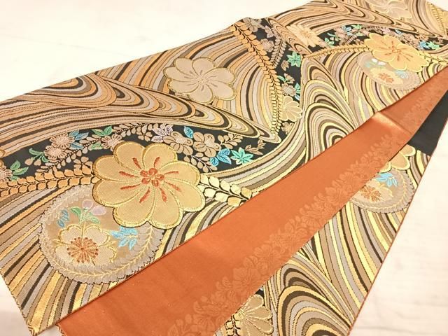 和柄Aプラン 平和屋着物◎六通柄袋帯 流水花文 黒地 金銀糸 正絹 逸品