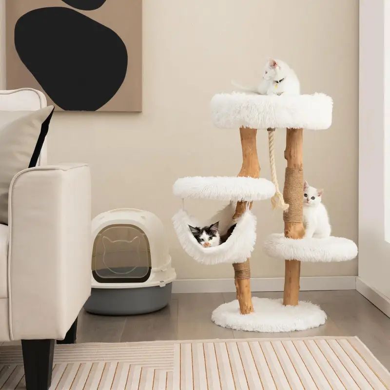 GIANTEX クラシックスタイルの無垢材キャットタワー マルチレイヤーコルクウッドキャットアクティビティセンター ジュート製の爪研ぎポスト ハンモック 吊りロープ付き 室内猫用 87cmの高さのキャットクライミング家具