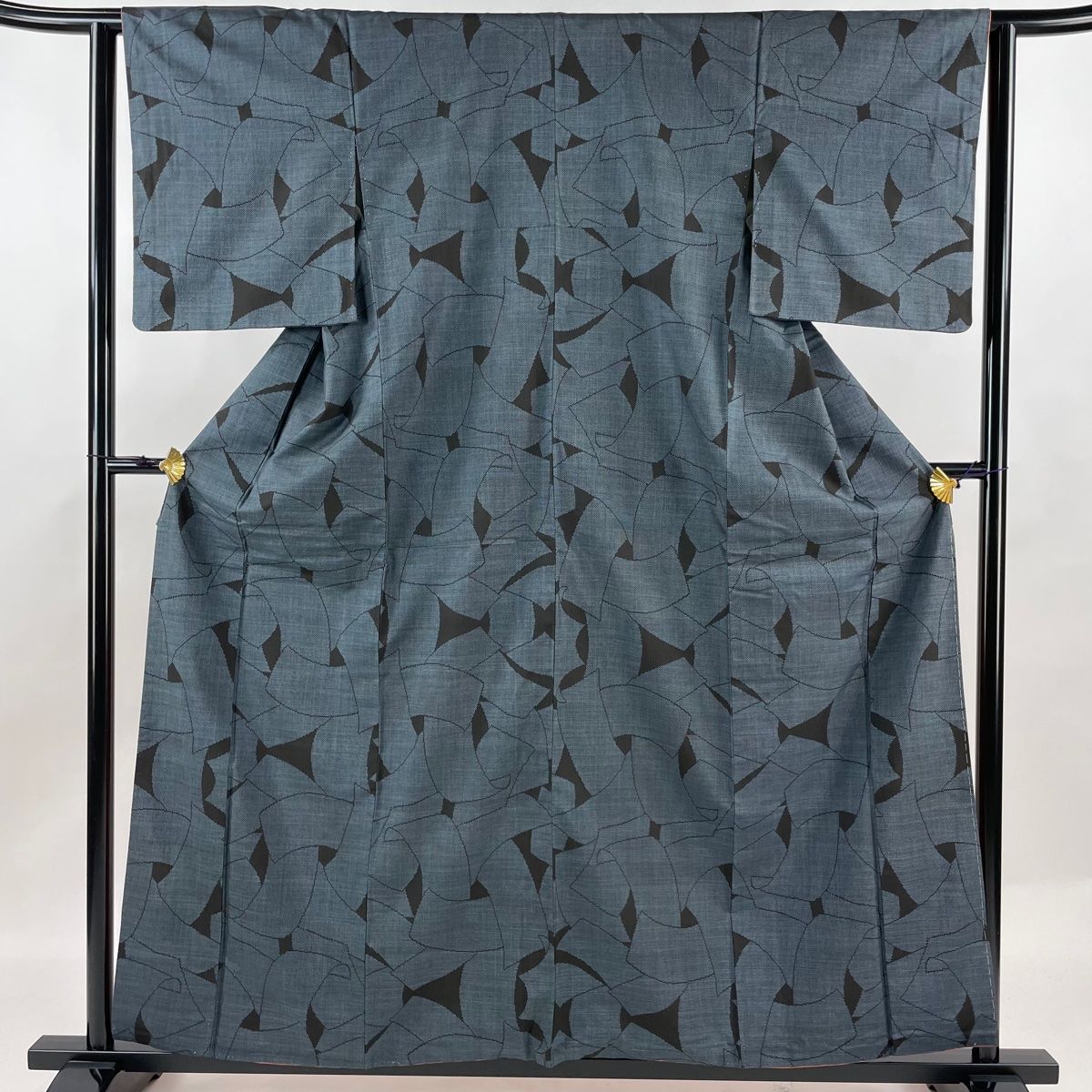 紬 身丈159cm 裄丈62.5cm S 袷 幾何学模様 青黒 正絹 秀品