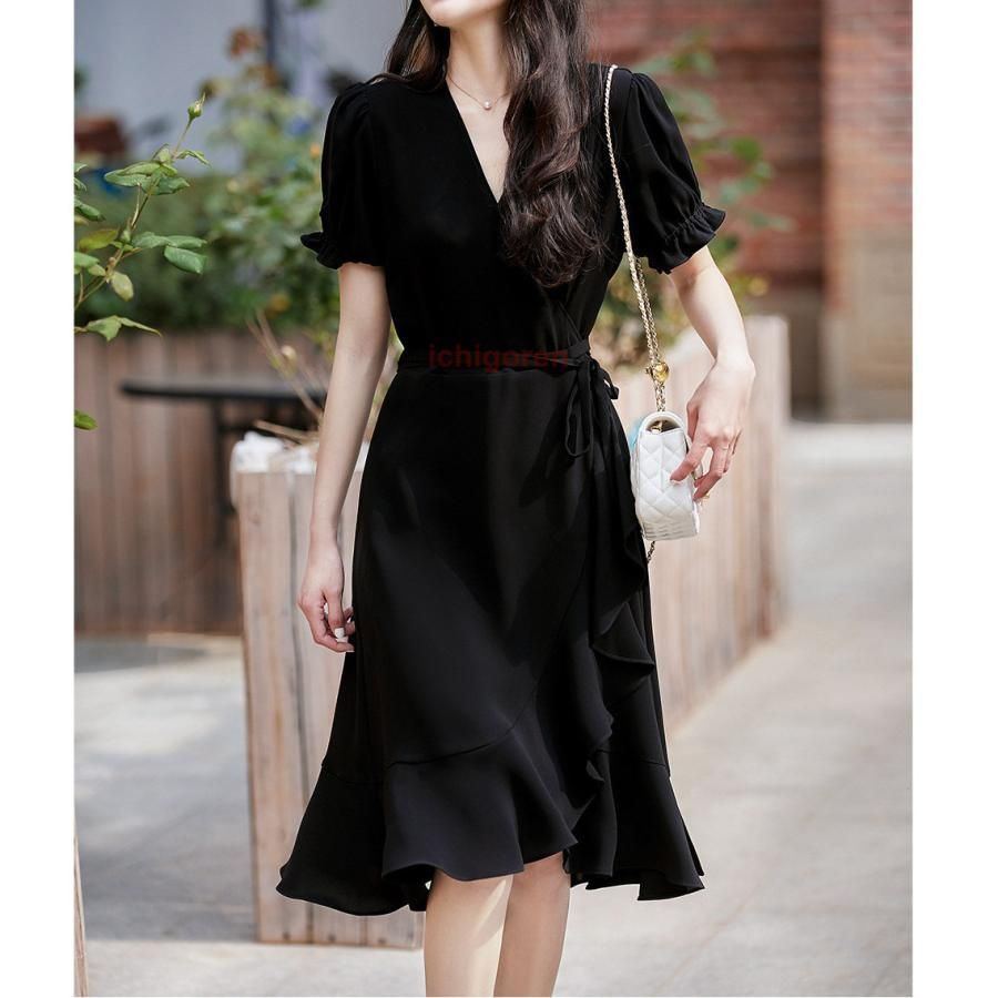 キャミワンピース 夏 半袖 黒マーメイドスカート 韓国風