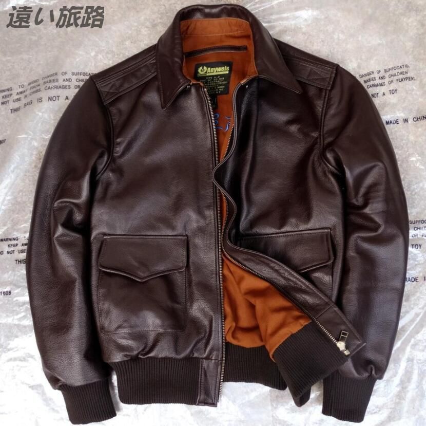 フライトジャケット レザージャケット カウハイド 牛革 ライダースジャケット 本革 革ジャン G-1 スカジャン メンズ A-2 3色 S～4XL　黒袖バッチありブラウン