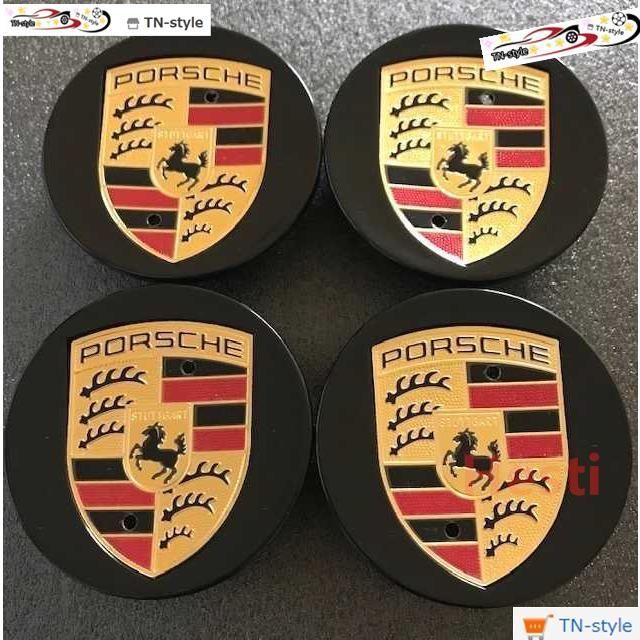 高品質 ポルシェ ホイールキャップ 65mm Porsche センターキャップ クレスト ブラックゴールド 4個セット
