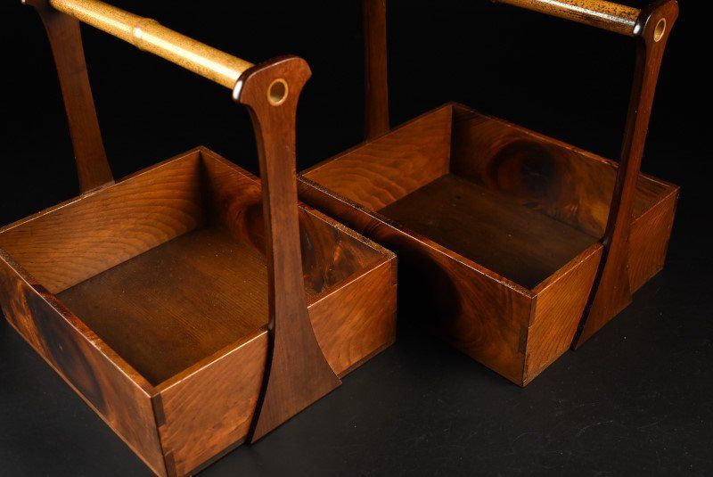 蔵A1314 松煙草盆 莨盆 竹手付盆 一対 時代