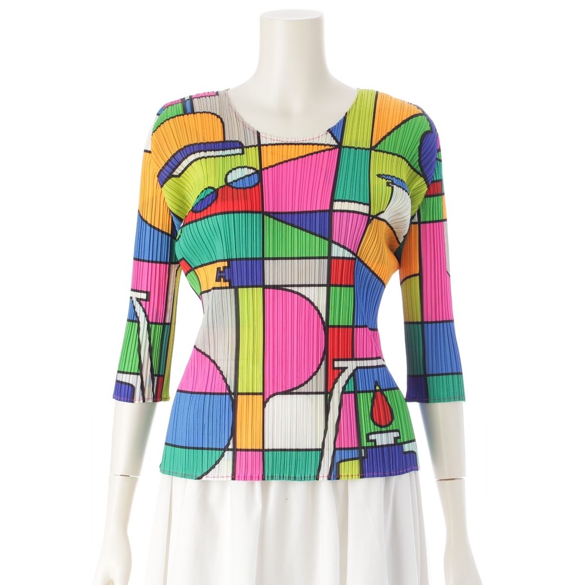 プリーツプリーズ イッセイミヤケ 理科実験室 七分袖 カットソー トップス PP81-JK633 マルチカラー 3