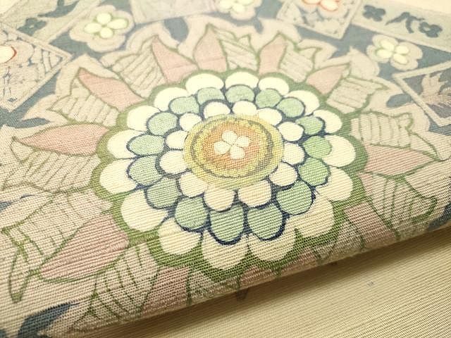 平和屋着物○太鼓柄袋帯 作家物 紬地 型染め 正倉院菱花文 正絹 逸品