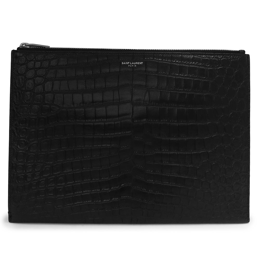 サンローランパリ クラシック ミニジップタブレットスリーブ クラッチバッグ クロコダイルエンボスレザー ブラック 黒 シルバー金具 375950 SAINT LAURENT PARIS
