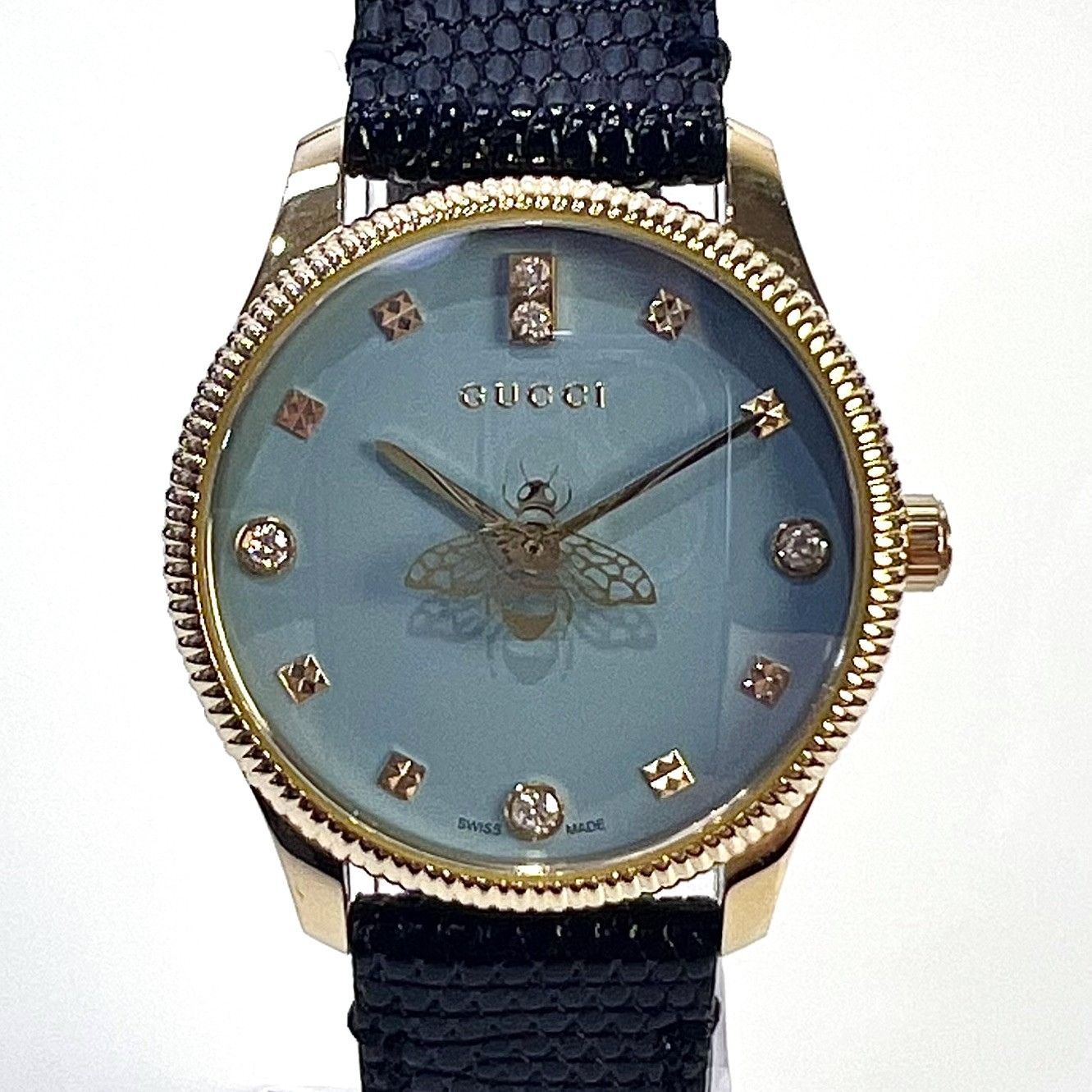 GUCCI グッチ Gタイムレス 5P ダイヤ 蜂モチーフ レディース クオーツ 青文字盤 腕時計 126.5|18169875 リザード 29mm 箱 稼働中 aua71091070913