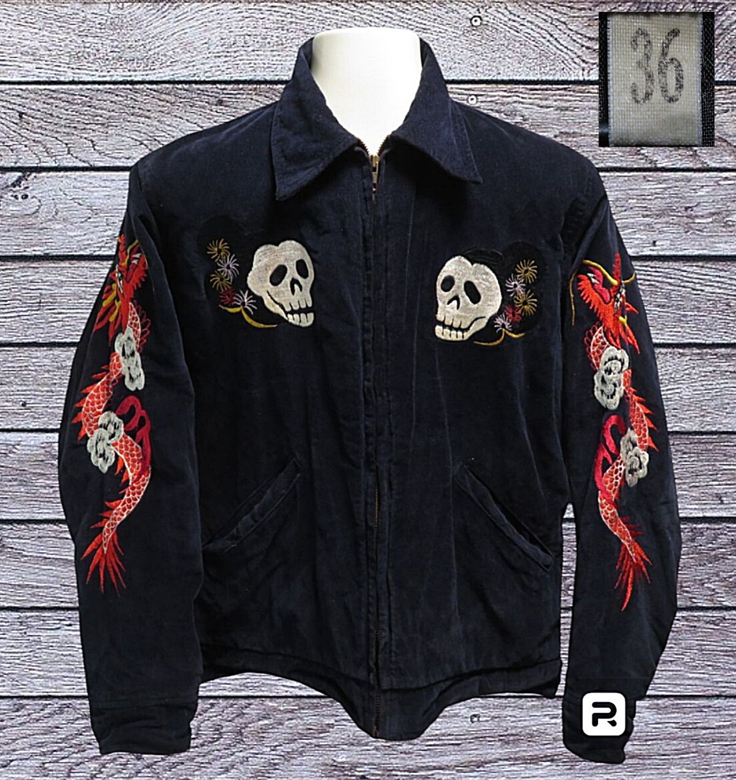赤登り龍 36インチ 90s~ 骸骨舞妓 スカル舞妓 髑髏舞妓 ドクロ ガイコツ 襟付き 別珍 スーベニアジャケット スカジャン 京都 KYOTO