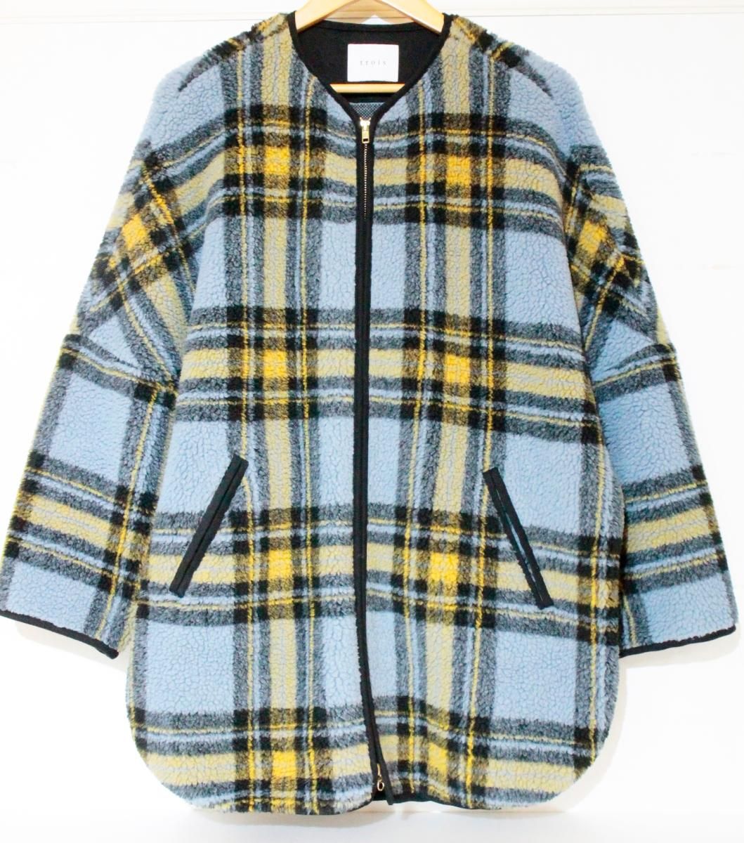 trois レディースフリースジャケット F trois|ボア|フリースジャケット|F|水色 アクアブルー|チェック|t206-84010
