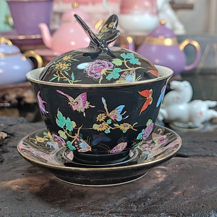 未使用品 蝶恋花三才蓋碗 中国茶器 景徳鎮 蓋付き茶器 飲茶食器
