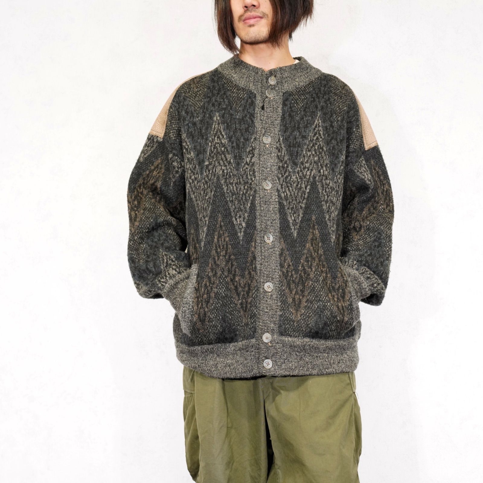 EU VINTAGE RANGER UOMO WAVE PATTERNED ALPACA BREND WOOL LEATHER SHOULDER KNIT CARDIGAN MADE IN ITALY|ヨーロッパ古着ウェーブ柄型レザーニットカーディガンブルゾン