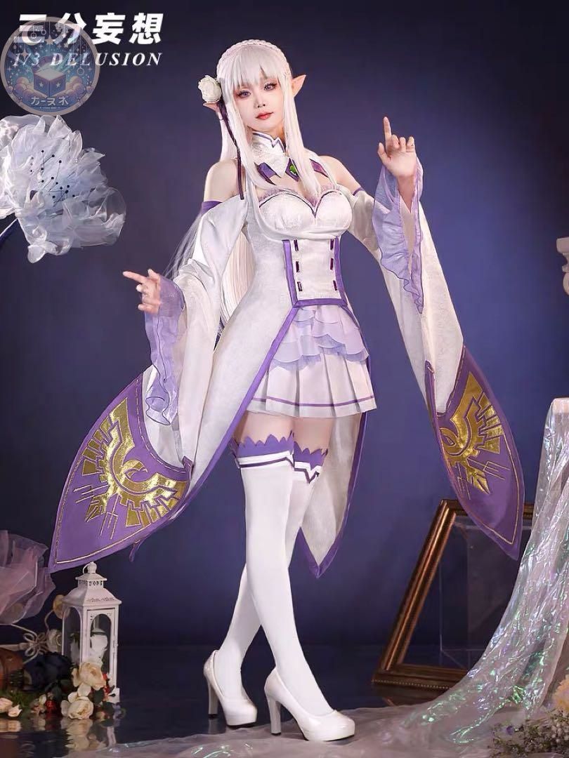 三分妄想 Re ゼロから始める異世界 リゼロ エミリア コスプレ ウィッグ追加可 コスチューム ハロウィン仮装 イベント衣装 コスプレセット 高品質コスプレ 再現度高め
