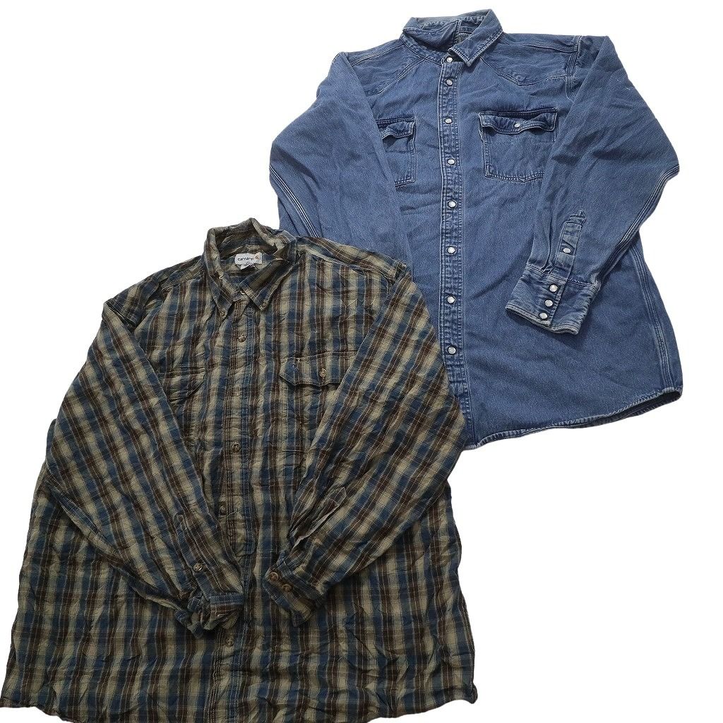 carhartt 長袖シャツ リメイク クロップド丈 古着 ネイビー XLサイズ carhartt 長袖シャツ リメイク クロップド丈 古着 ネイビー2XL