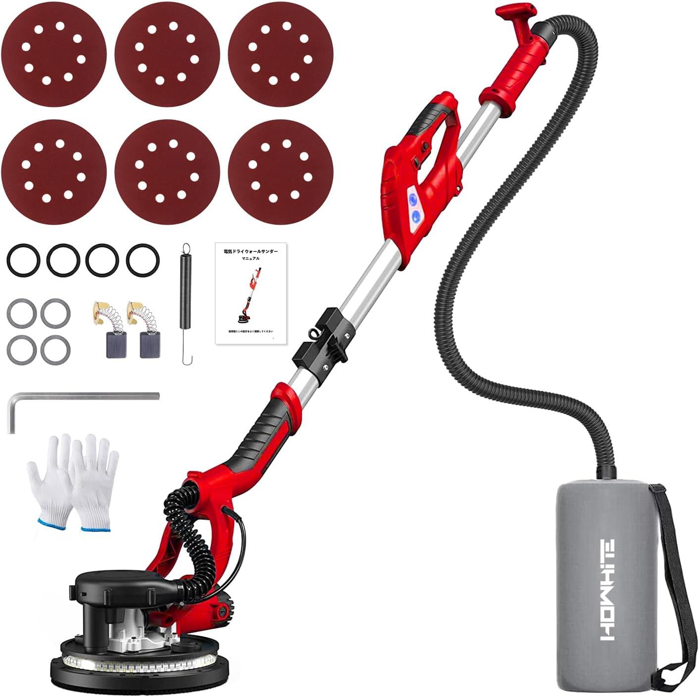 Howhite 電気ドライウォールサンダー 800W ポールサンダー 伸縮可能なハンドル 110V乾式壁サンダー、6段変速 1000-2100RPM、自動掃除機システムとLEDライト付き、ロングダストホース、集じん袋、サ