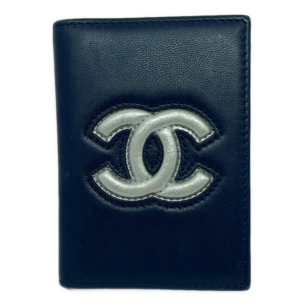 CHANEL シャネル カードケース - ネイビー×シルバー ココマーク|パスケース付き ラムスキン