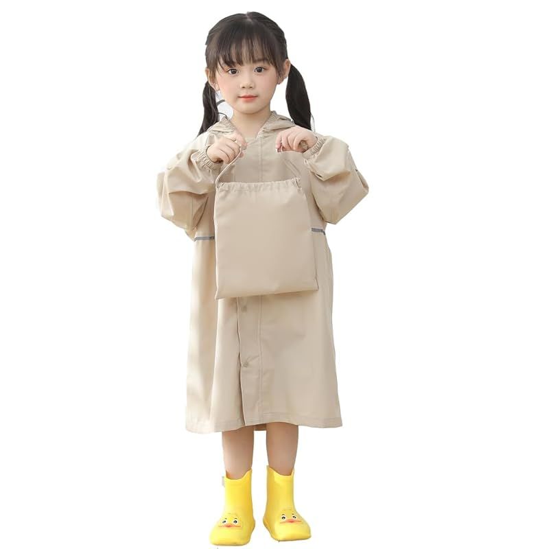 [Yolrky] キッズ レインコート 女の子 男の子 ランドセル 子供 レインウエア レインポンチョ 通園 通学 遠足 梅雨対策 (カーキ， L) 0
