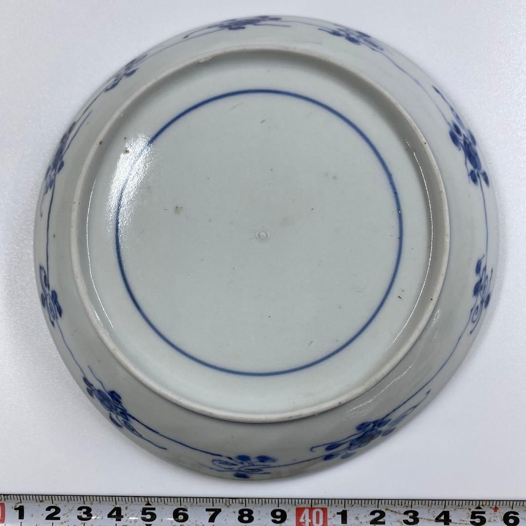 江戸中期 藍九谷上手鷺の図中皿 木箱付 幅約14.5㎝ 東Y6-0910☆2F 江戸