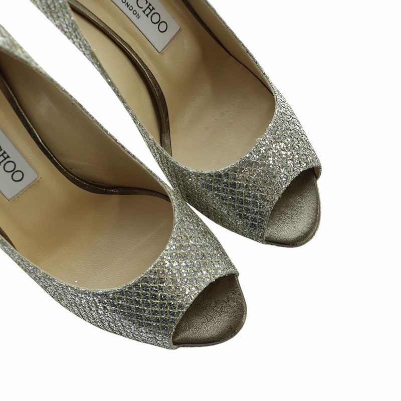 【美品】JIMMY CHOO ジミーチュウ シルバー オープントゥ パンプス Platinum Ice ダスティグリッター・ポインテッド トゥ パンプス