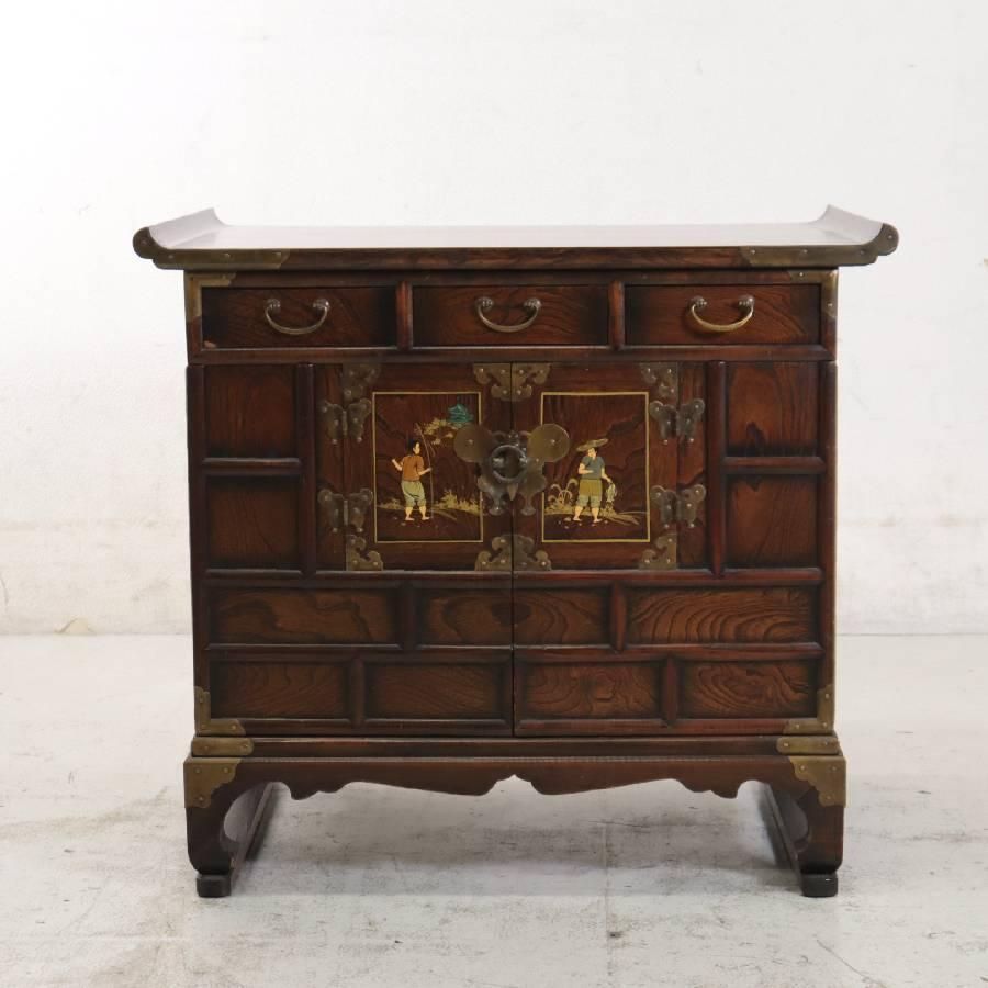 李朝家具 魚型錠前 手描き人物図 モリジャン 箪笥 飾り棚 キャビネット MM11642 162h21