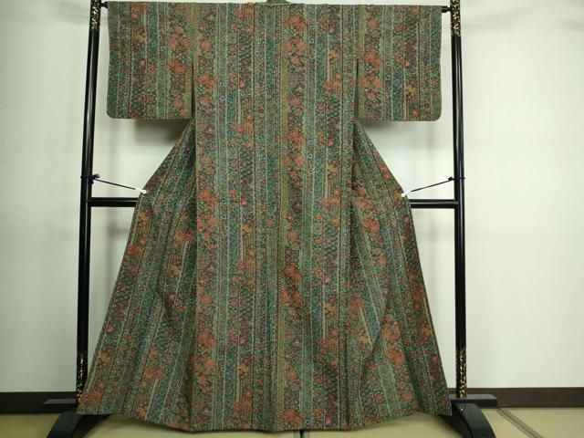 平和屋着物▽小紋 単衣 縞 洗える着物 AAAU8576fy