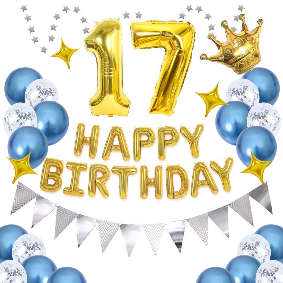 特別 >17歳< 17歳 数字誕生日風船 飾り 数字バルーン 組み合わせ HAPPY BIRTHDAY バナー ハッピー バースデー 青いバルーン ゴールド 紙吹雪風船 星の風船 誕生日 デコレーション きらきら風船 パーティー お祝い