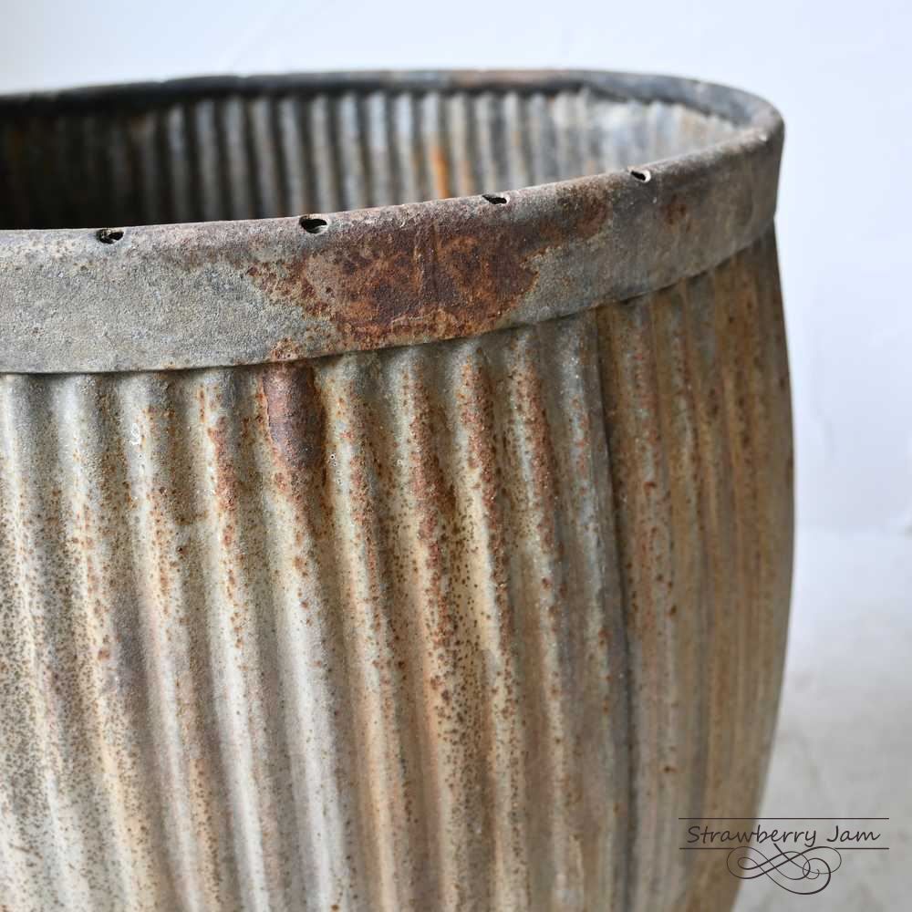 L3501-71-1 英国アンティーク ブリキ ドラム 鉢 ゴミ箱 ガーデニング