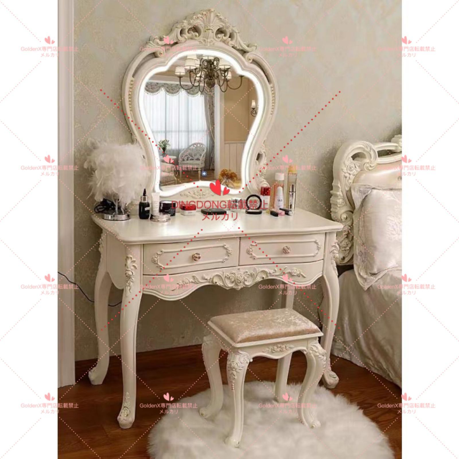 ドレッサー ロココ調 姫系 ドレッサー お姫様家具 ホワイト ドレッサー 鏡台 1面鏡 猫脚 椅子付き