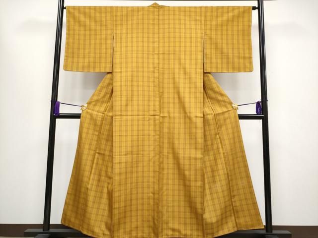 平和屋本店■極上　本場黄八丈　綾織　紬　逸品　未使用　CYAA1577s5 平和屋本店▽極上 山下八百子 本場黄八丈 紬 市松綾織 単衣 格子 逸品
