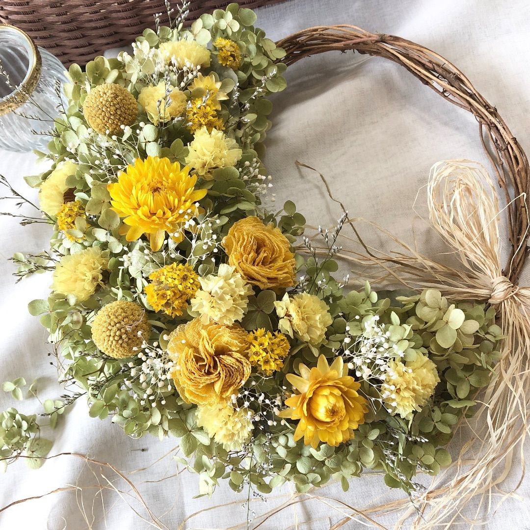 ＊Natural＊アナベル紫陽花のイエローリース＊ドライフラワーリース Natural＊アナベル紫陽花のイエローリース＊ドライフラワーリース