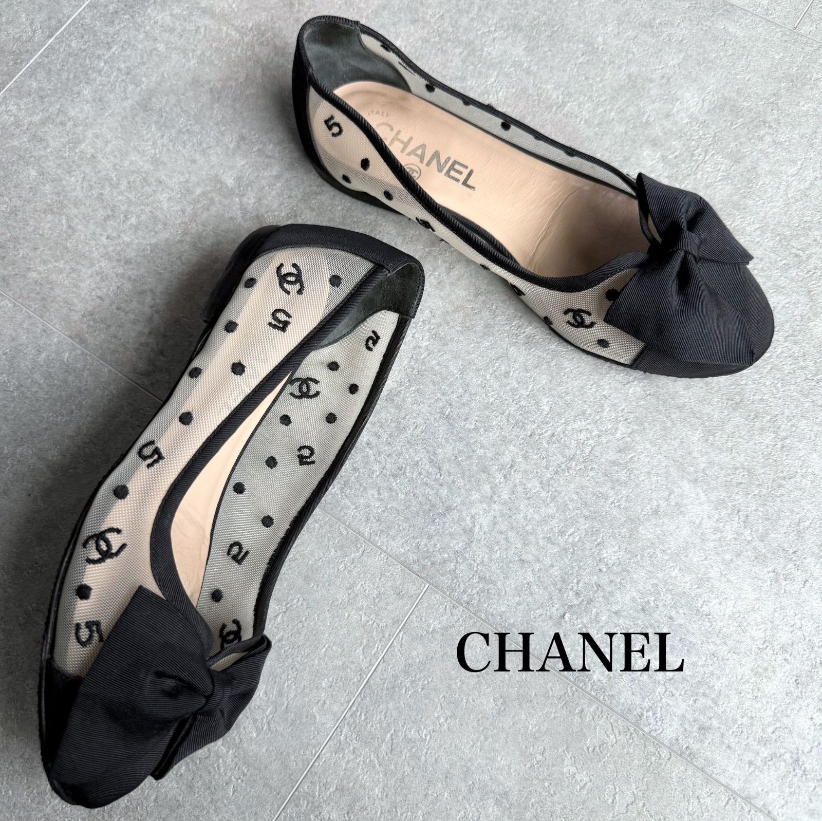 CHANEL シャネル ドットチュール リボン フラットシューズ ココ