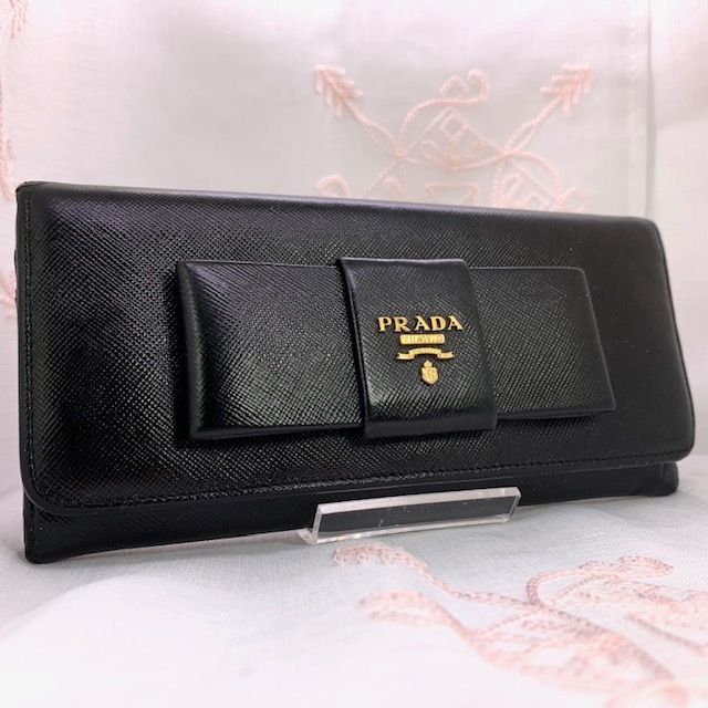 ☆良品☆ PRADA プラダ 長財布 リボン サフィアーノ レザー ブラック