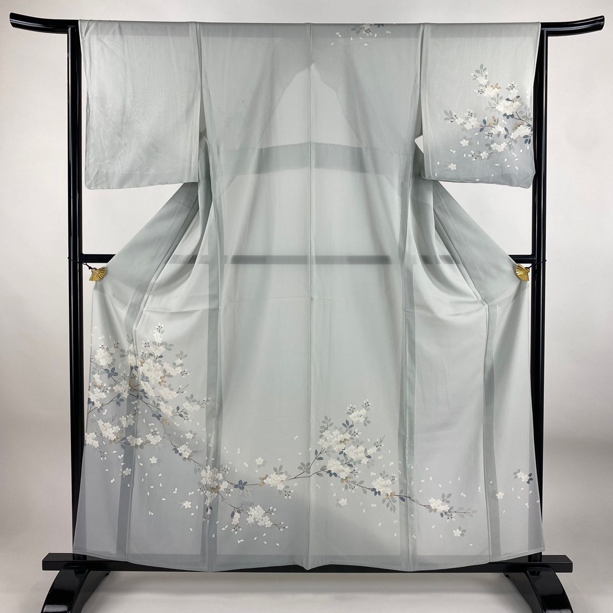 訪問着 身丈159cm 裄丈64cm M 薄物 絽 桜 ぼかし 青灰色 正絹 秀品
