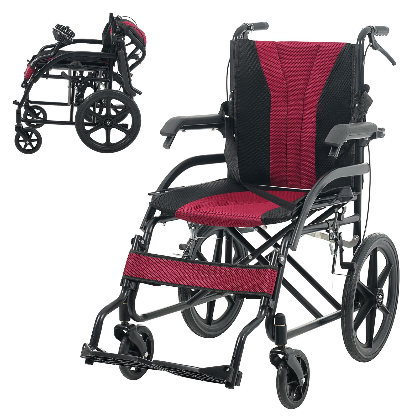 8 割 軽量折りたたみ介助型車椅子 自立 ノーパンクタイヤ 安全ベルト 背面ポケット付き コンパクト収納 ブラック レッド