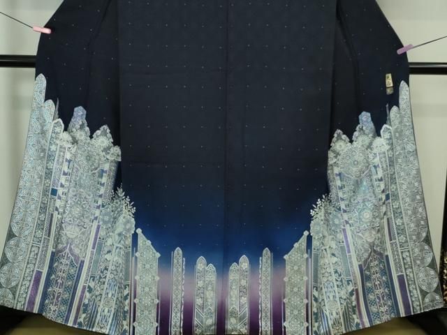 平和屋本店■極上　金彩友禅　卓越技能者・名工・和田光正　訪問着・袋帯セット　濃紺地　暈し染め　銀彩　逸品　DZAA8161kh5 平和屋本店□極上 金彩友禅 卓越技能者・名工・和田光正 訪問着・袋帯